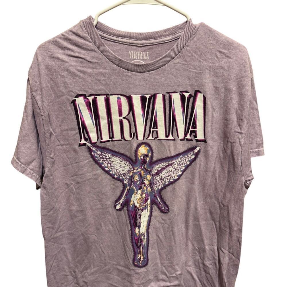 Nirvana Light Purple Grunge Band Short Sleeve T-Shirt Rock Angel Acid Wash Sz L